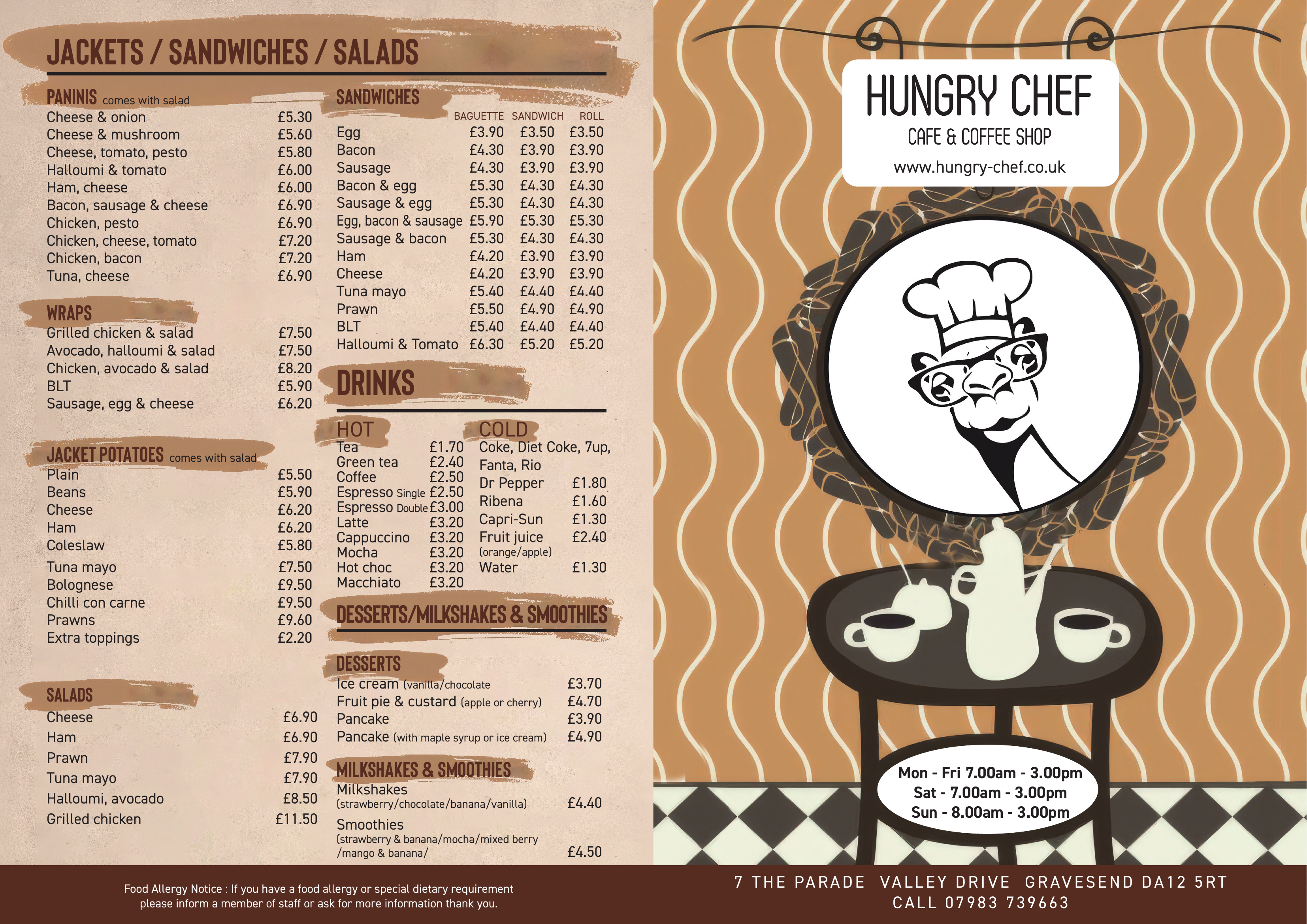 Hungry Chef menu page showing jackets, sandwiches, salads and drinks